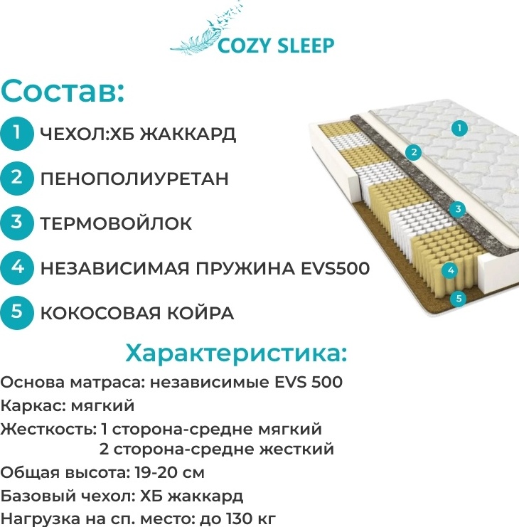 Матрас Cozy Sleep Mix Cocos, 80x200x20 см, чехол жаккард