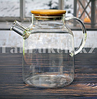 Чайник заварочный стеклянный с ситом на носике и деревянной крышкой 1,5 L для чая и кофе1