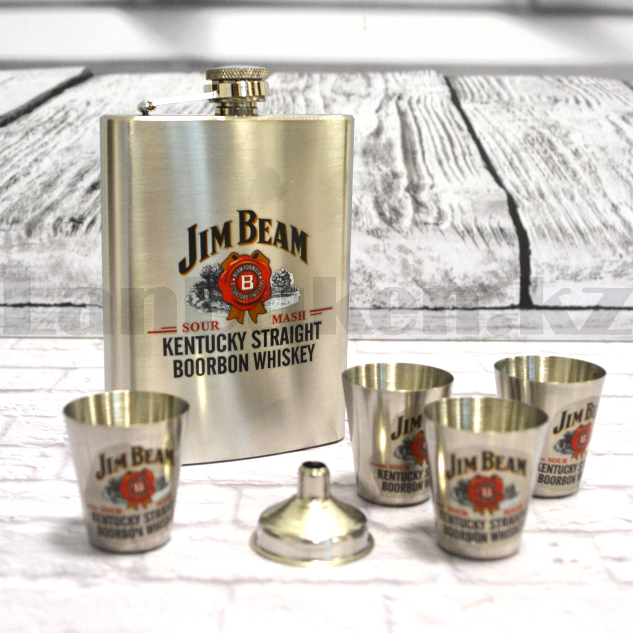 Мужской набор Jim Beam (фляга 240 мл (8oz) 4 рюмки воронка) в подарочной коробке 900