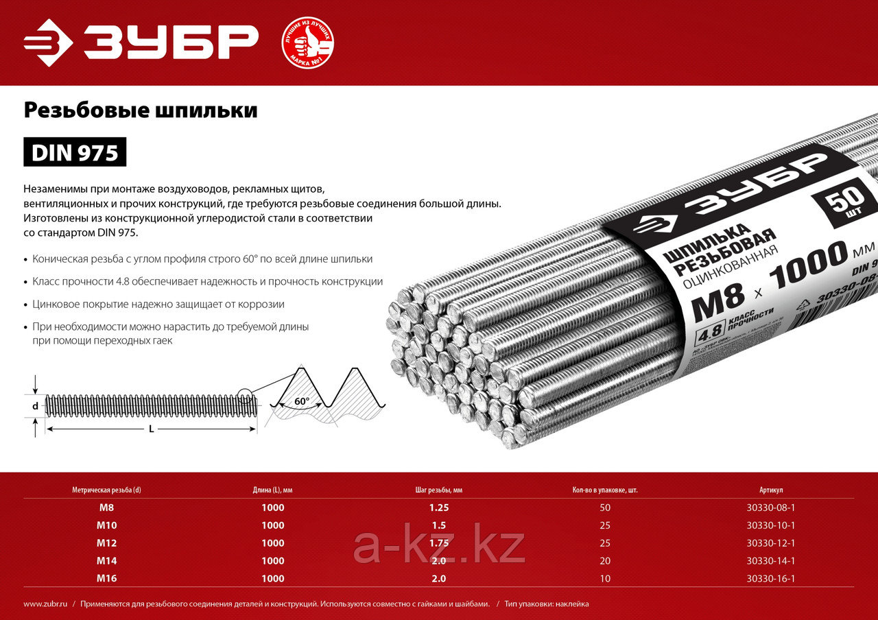 ЗУБР DIN 975, кл. пр. 4.8, М16 х 1000 мм, цинк, 10 шт, резьбовая шпилька (30330-16-1)