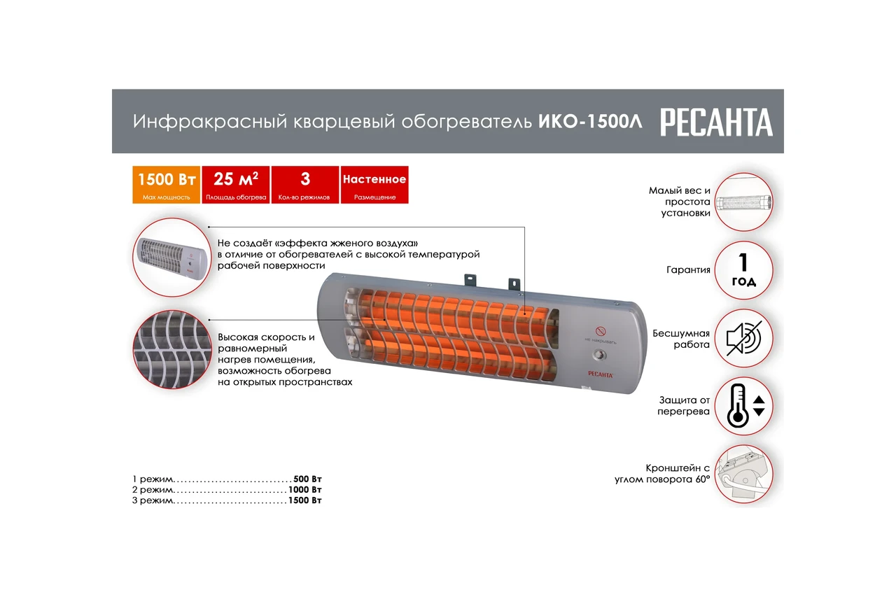 Инфракрасный обогреватель Ресанта ИКО-1500Л, кварцевый 67/5/10