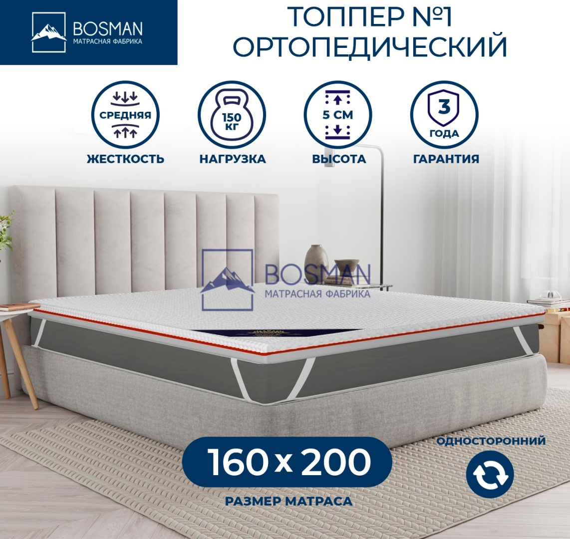 Топпер Bosman №1, 160x200x5 см, чехол жаккард