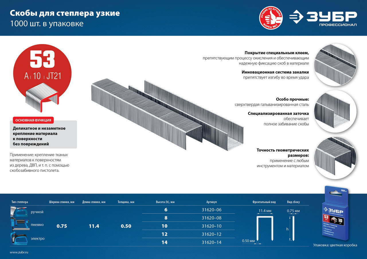 ЗУБР тип 53 (A/10/JT21), 14 мм, 1000 шт, калибр 23GA, скобы для степлера, Профессионал (31620-14)