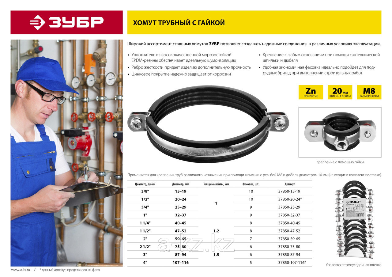 ЗУБР 3 , цинк, 6 шт, трубный хомут с гайкой (37850-87-94)