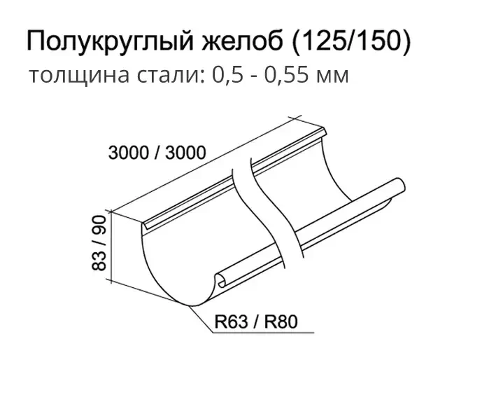 Желоб полукруглый 125 мм, 3 м