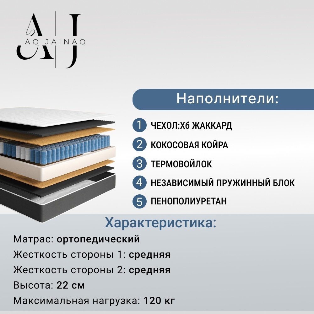 Матрас AQ JAINAQ Medium, 150x200x22 см, чехол жаккард