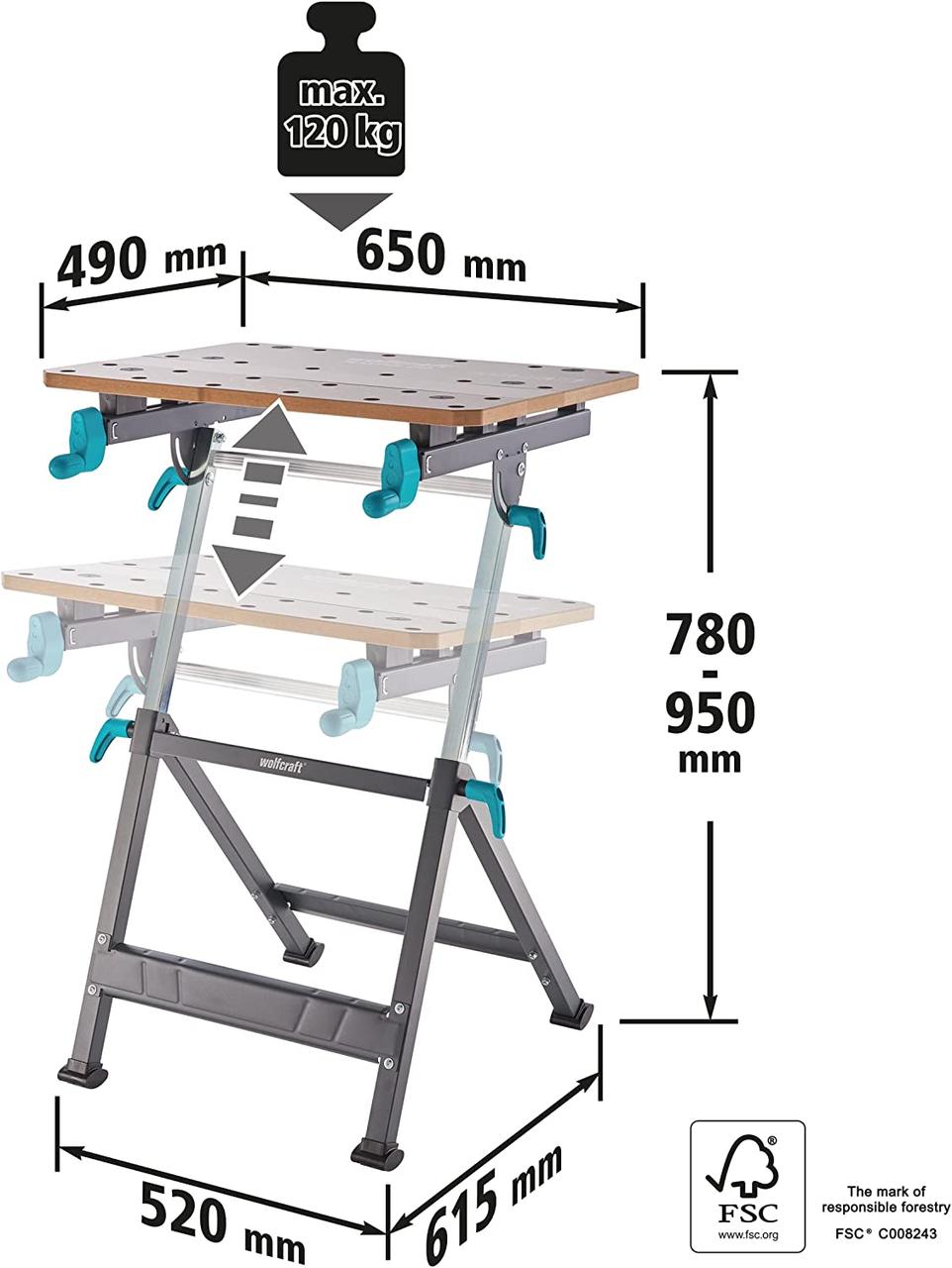 Верстак универсальный зажимной wolfcraft MASTER 650 Ergo 650x720x950мм 6870000
