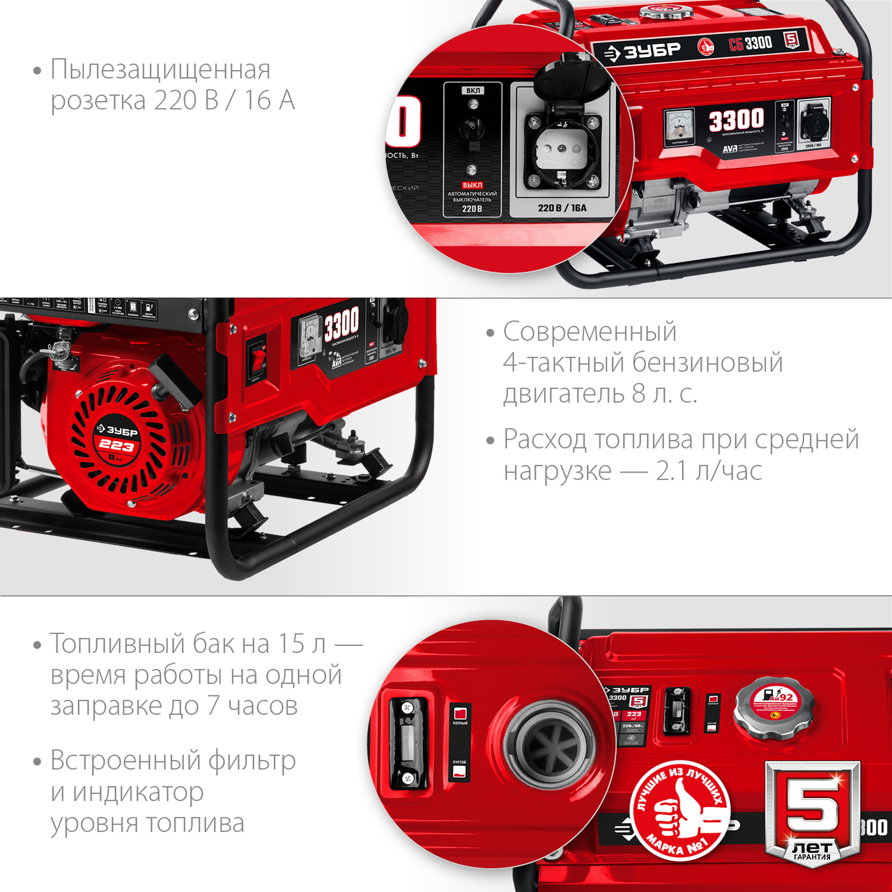 Бензиновый генератор ЗУБР, 3.3 кВт, серия "Мастер" (СБ-3300)