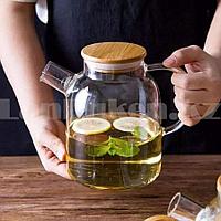 Чайник заварочный стеклянный с ситом на носике и деревянной крышкой 1,8 L для чая и кофе
