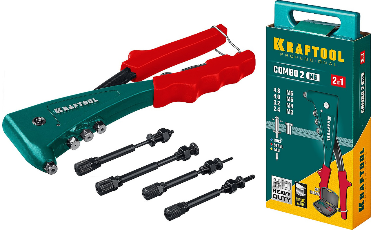 KRAFTOOL резьбовые заклепки М3-М6, вытяжные 2.4-4.8 мм из алюминия, стали, нерж. стали, заклепочник 31180