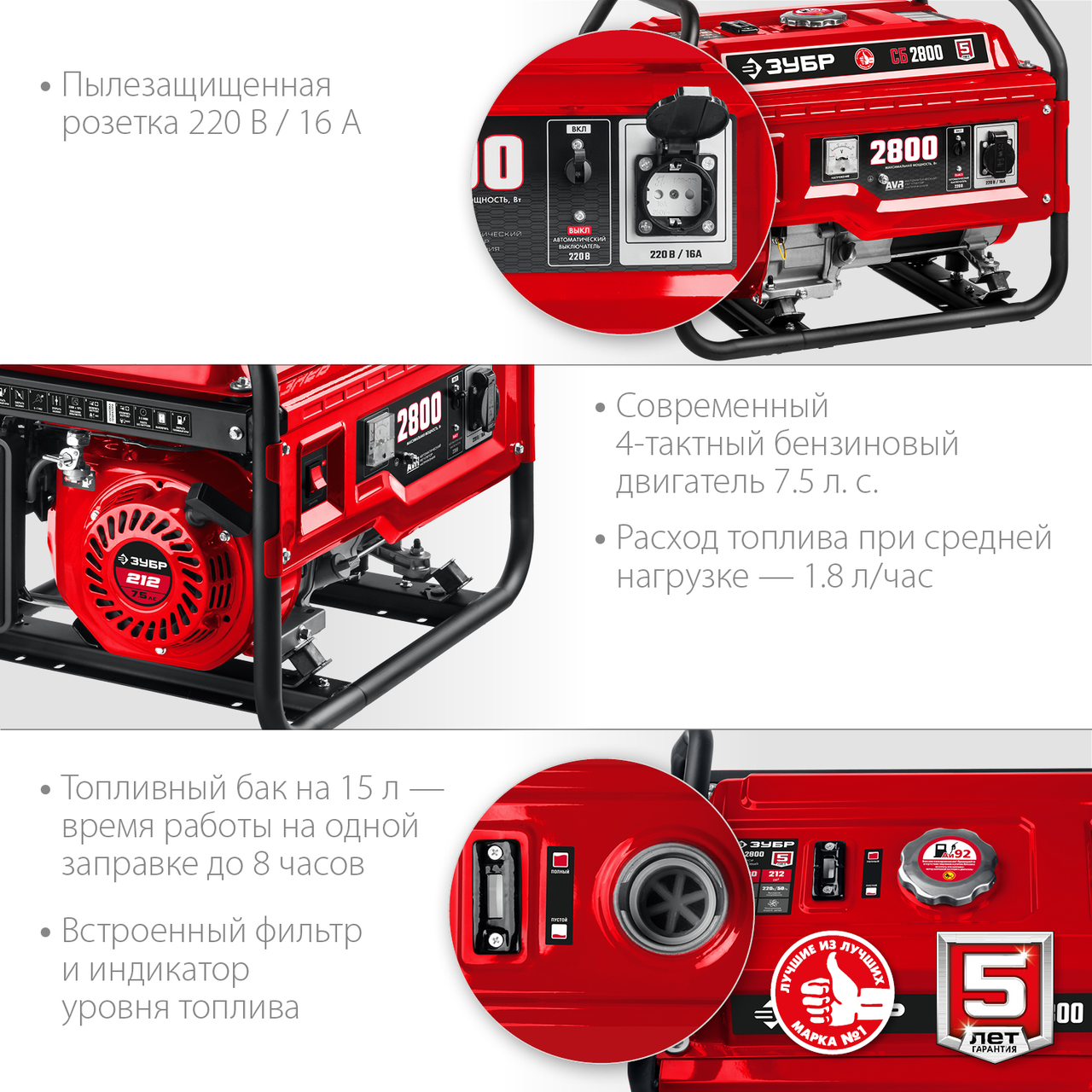 Бензиновый генератор ЗУБР 2.2 кВт, серия "Мастер" (СБ-2800)