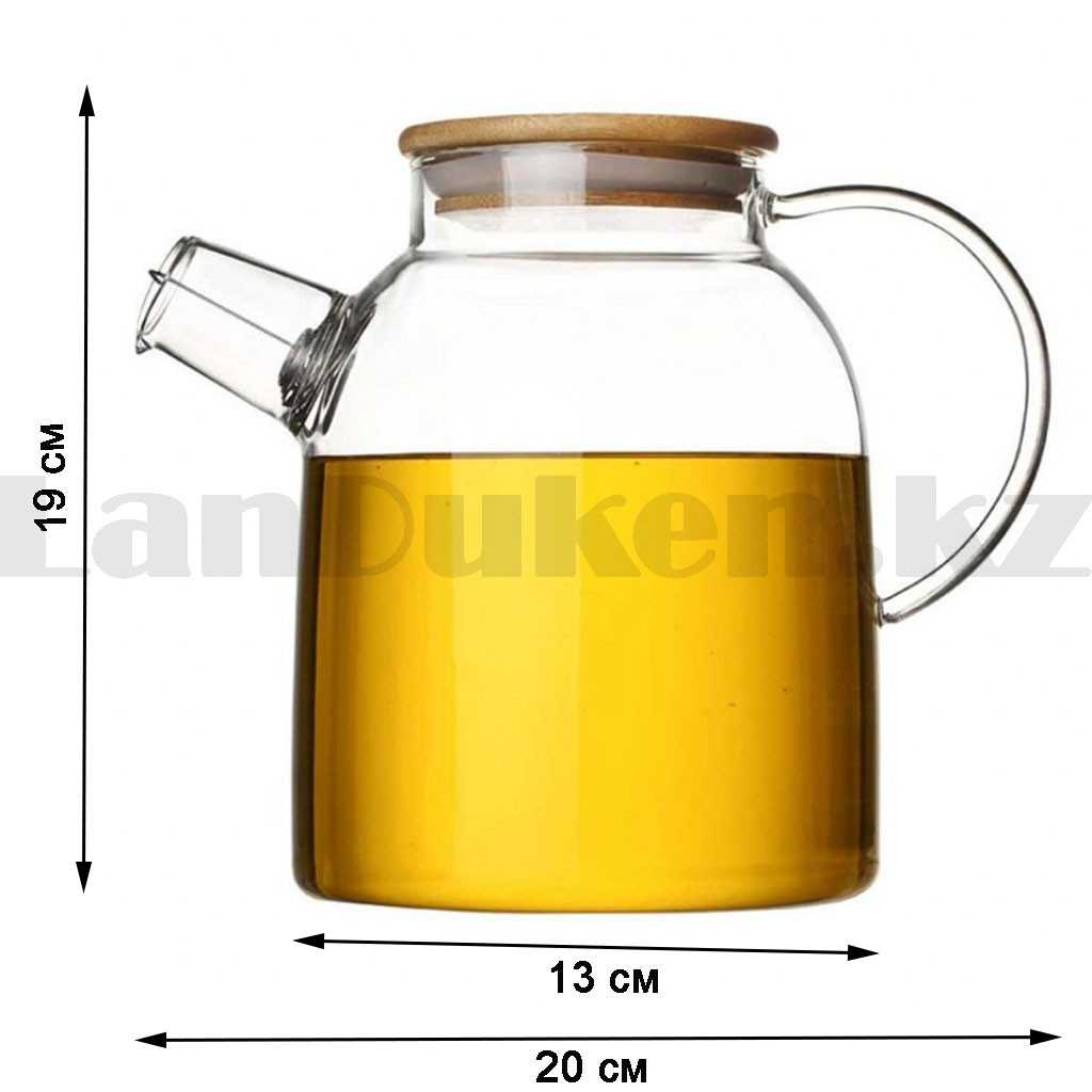 Чайник заварочный стеклянный с ситом на носике и деревянной крышкой 1,8 L для чая и кофе