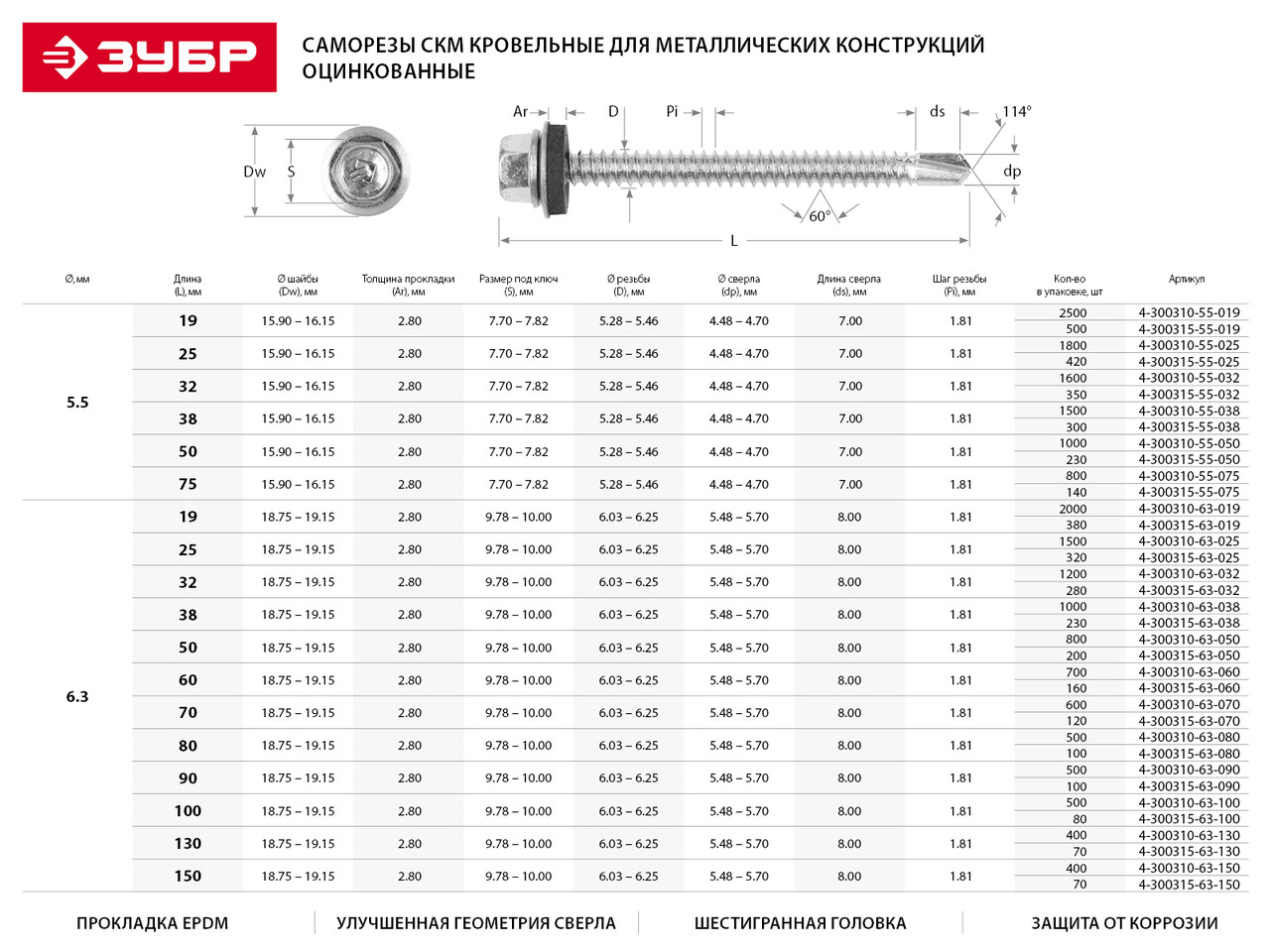 САМОРЕЗЫ ЗУБР ДЛЯ КРЕПЛЕНИЯ КРОВЕЛЬНЫХ МАТЕРИАЛОВ К МЕТАЛЛИЧЕСКИМ КОНСТРУКЦИЯМ, ОЦИНКОВАННЫЕ, 6,3X150ММ, 70ШТ
