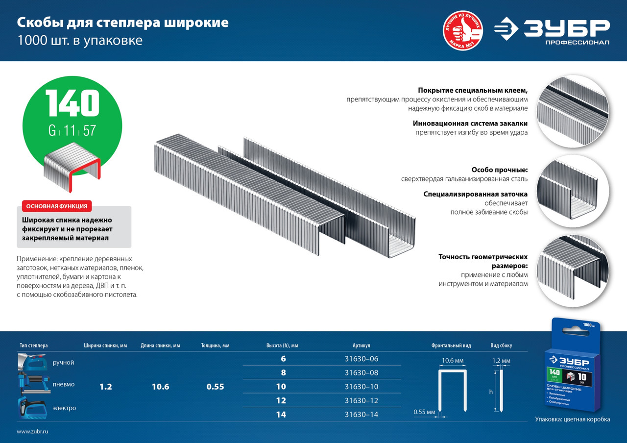 ЗУБР тип 140 (G/11/57) 10 мм, 1000 шт, калибр 20GA, скобы для степлера, Профессионал (31630-10)