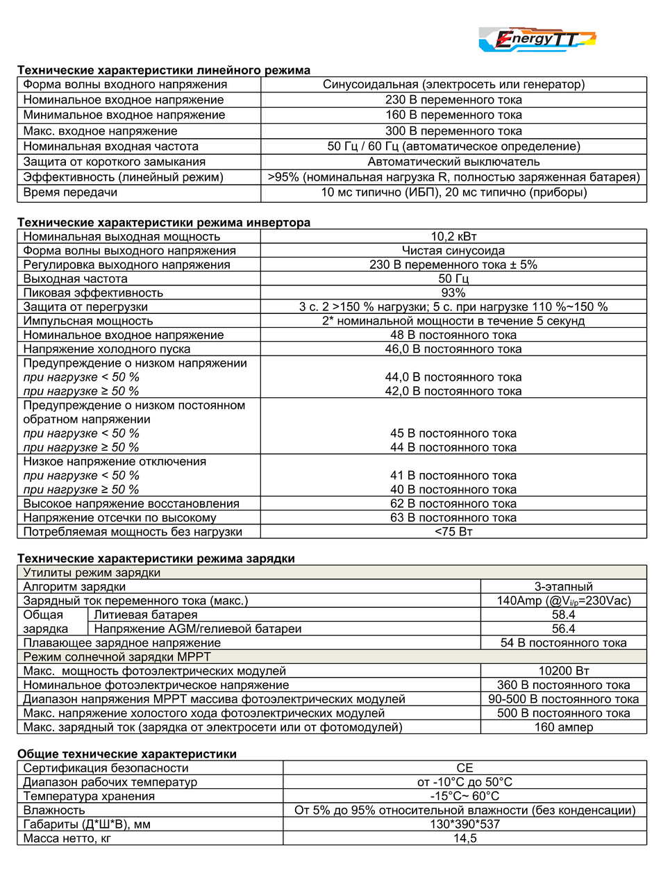 Инвертор гибридный 10.2 кВт, 48 В / 220V с системой подмешивания