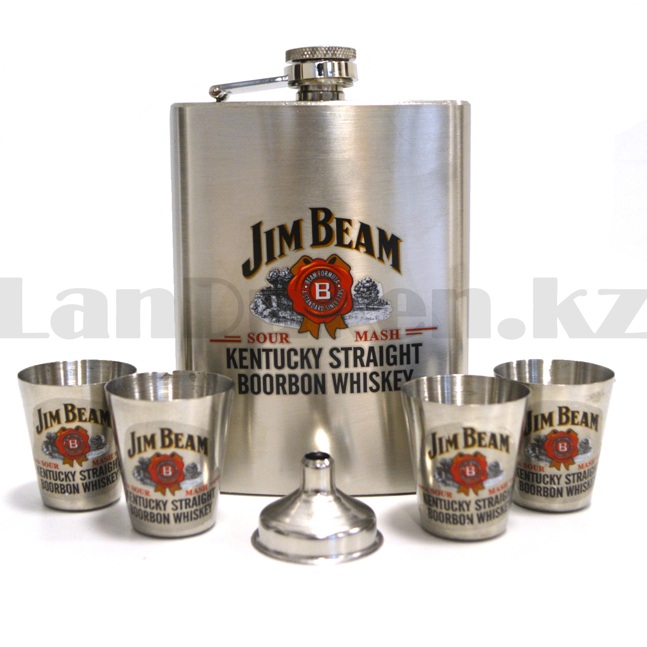 Мужской набор Jim Beam (фляга 240 мл (8oz) 4 рюмки воронка) в подарочной коробке 900
