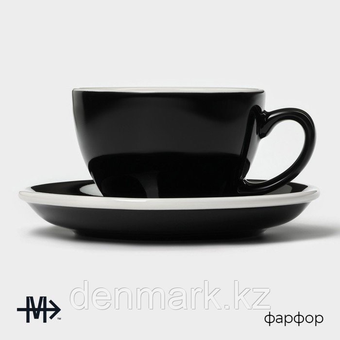 Кофейная пара фарфоровая Magistro Coffee time, 2 предмета: чашка 200 мл, блюдце d=14,5 см, цвет чёрн ...